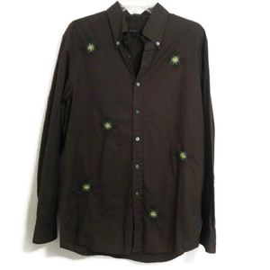EUC DKNY Button Down Embroidered Shirt Brown L